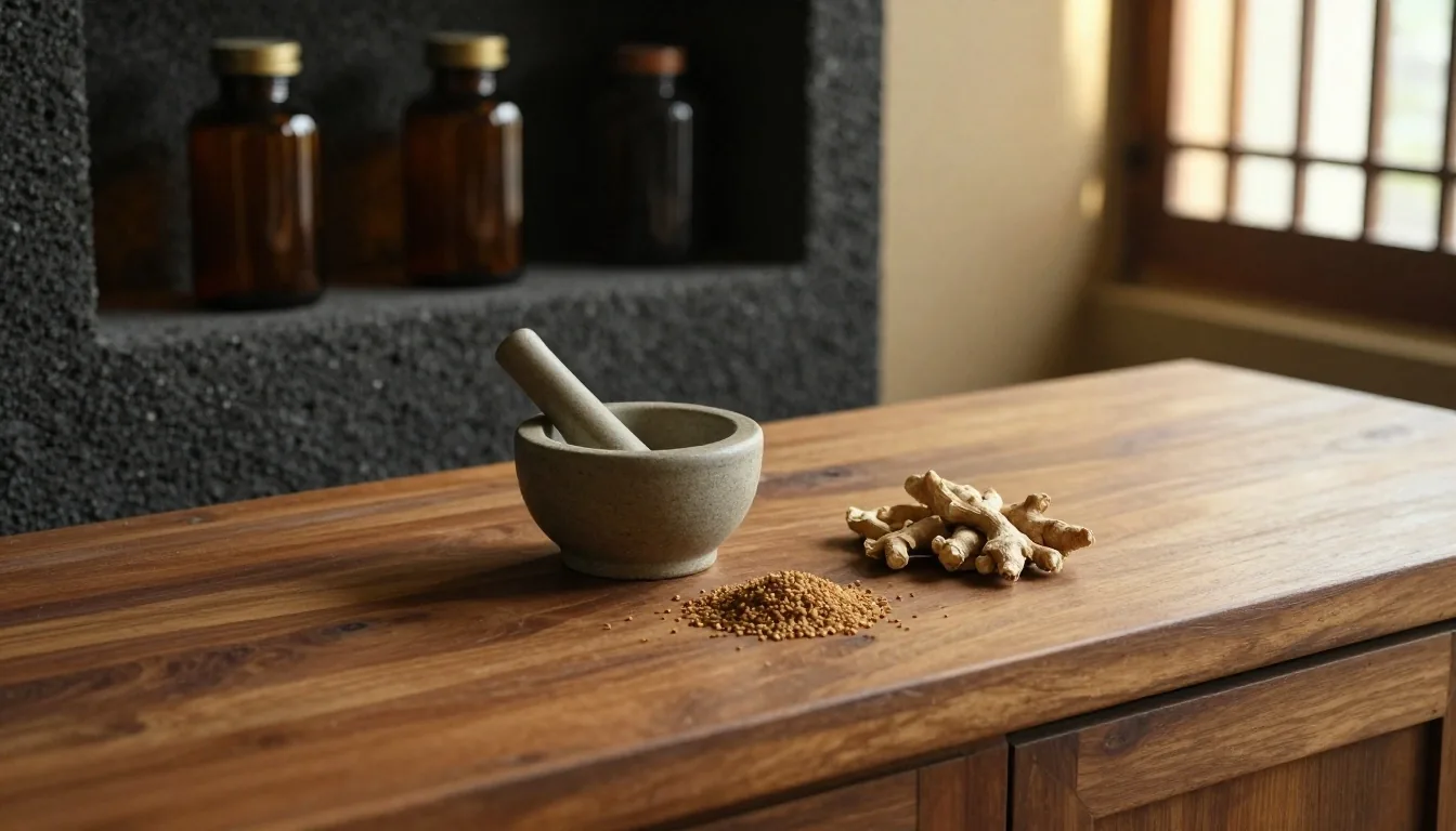 Botanical ingredient display on warm stone apotek shelves