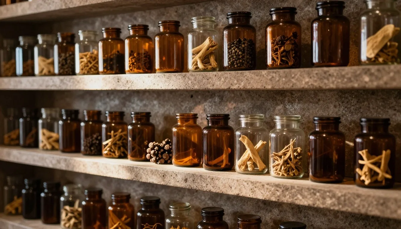 Apotek dispensary interior with amber glass jars on warm stone shelves under raked afternoon light