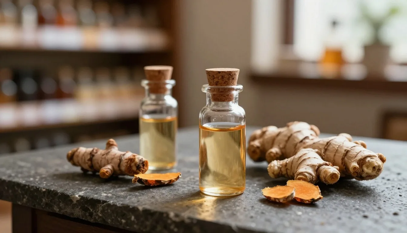 Botanical ingredient display on a dark stone apotek shelf