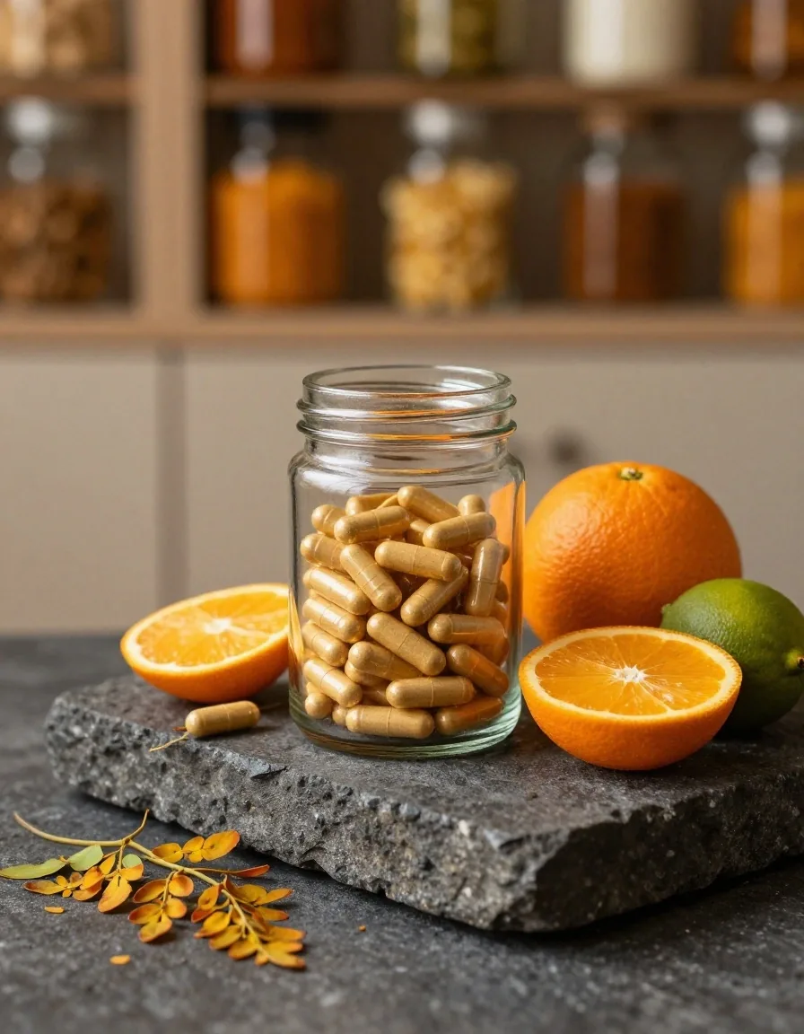 Vitamin C capsules and citrus on a stone shelf