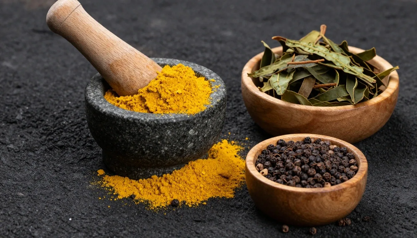 Botanical ingredients on a warm stone shelf