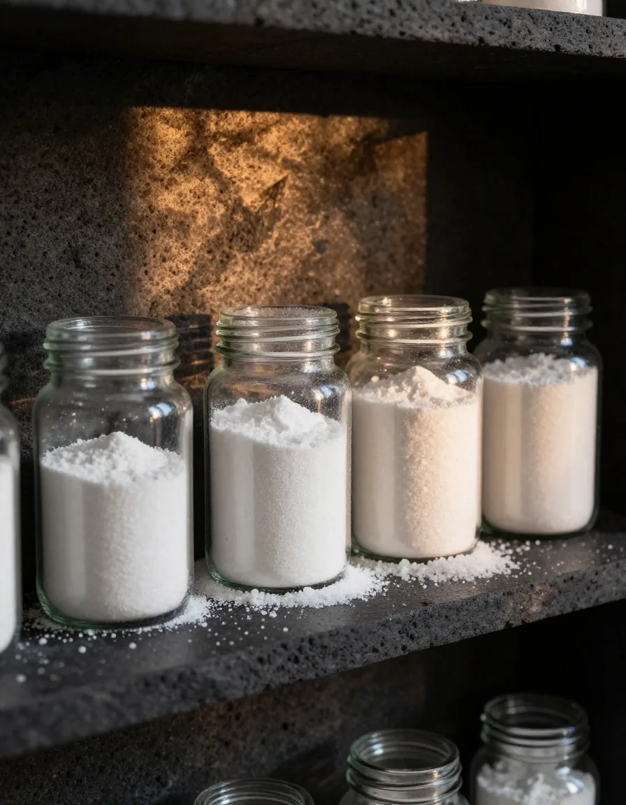Mineral supplement powders in amber glass jars