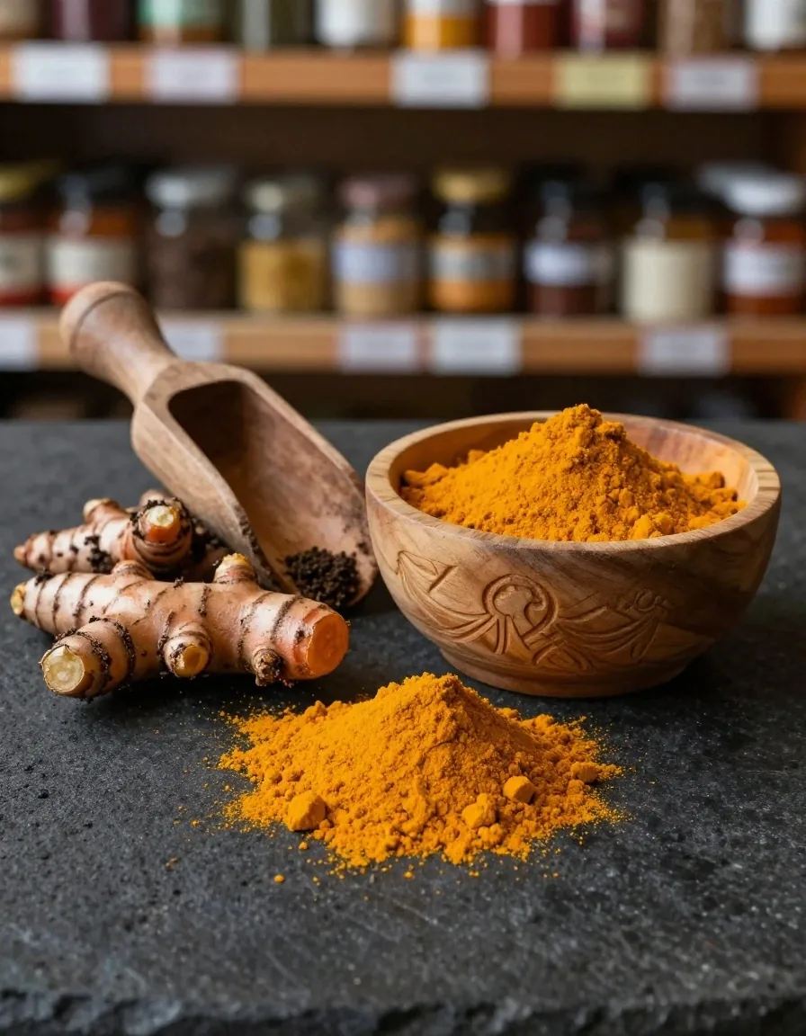 Turmeric root and powder in a wooden bowl