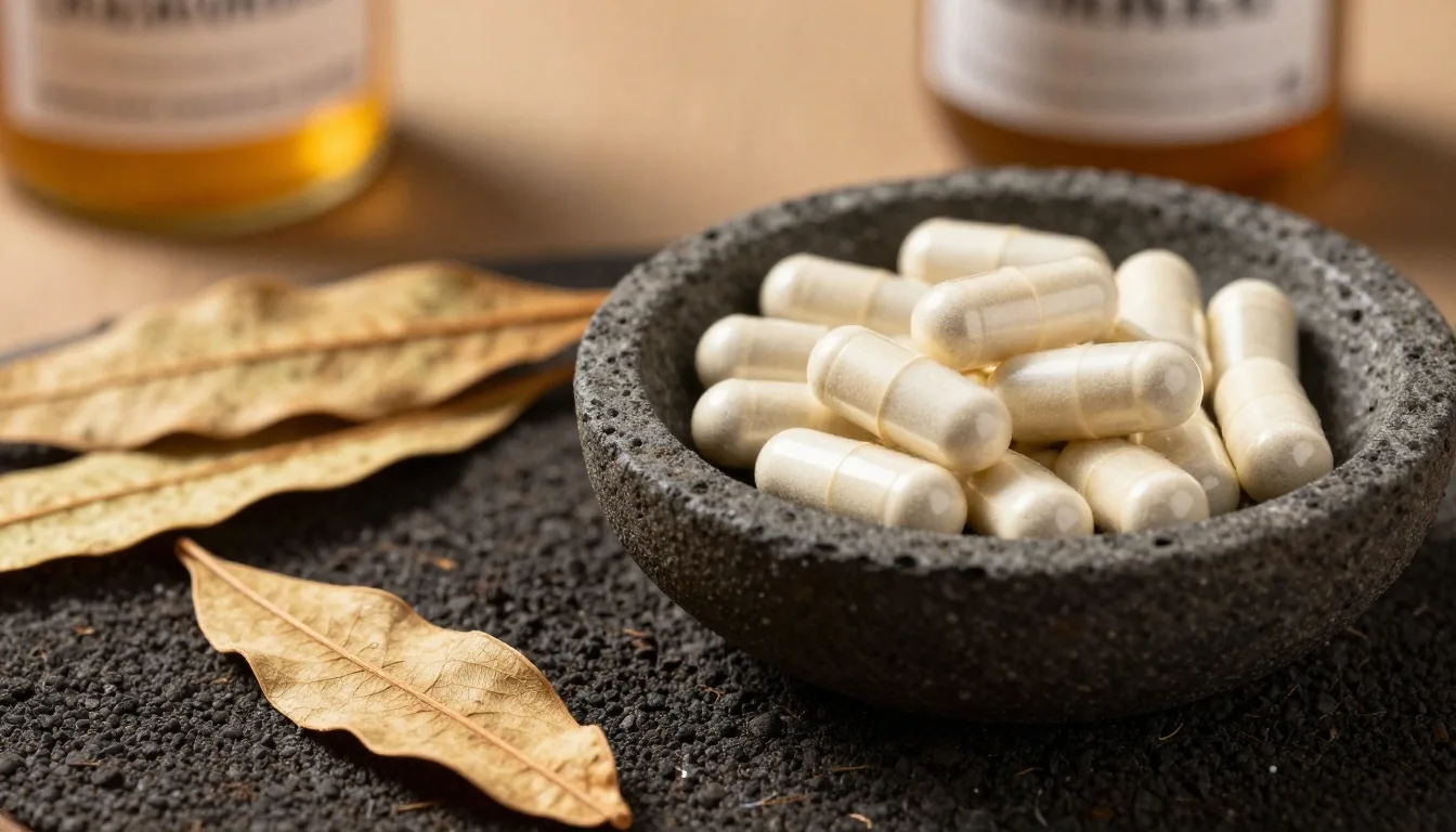 Botanical supplement ingredients on dark stone shelf under warm raked light
