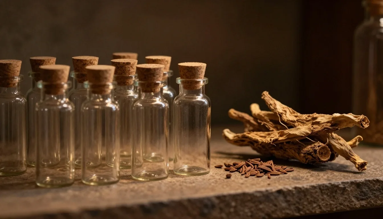Botanical supplement bottles on a warm-stone dispensary shelf